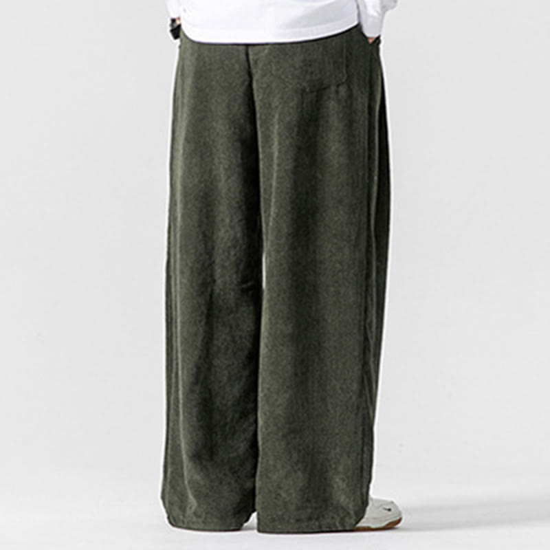 Solid Color Cotton Corduroy Men's Wide Leg Pants With Pockets