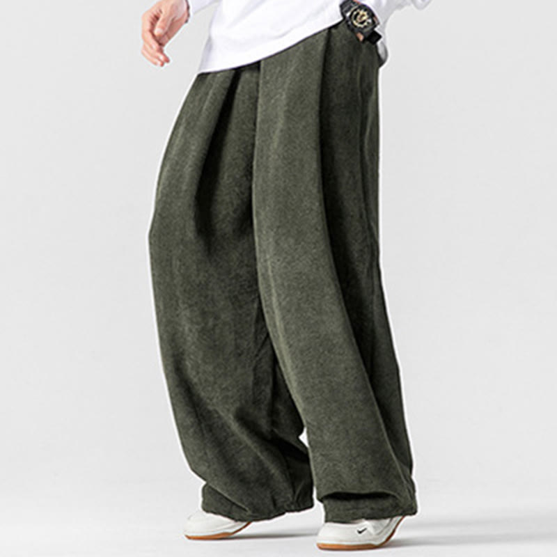 Solid Color Cotton Corduroy Men's Wide Leg Pants With Pockets