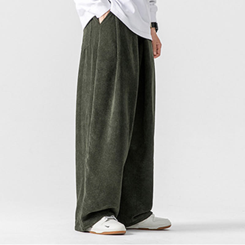 Solid Color Cotton Corduroy Men's Wide Leg Pants With Pockets