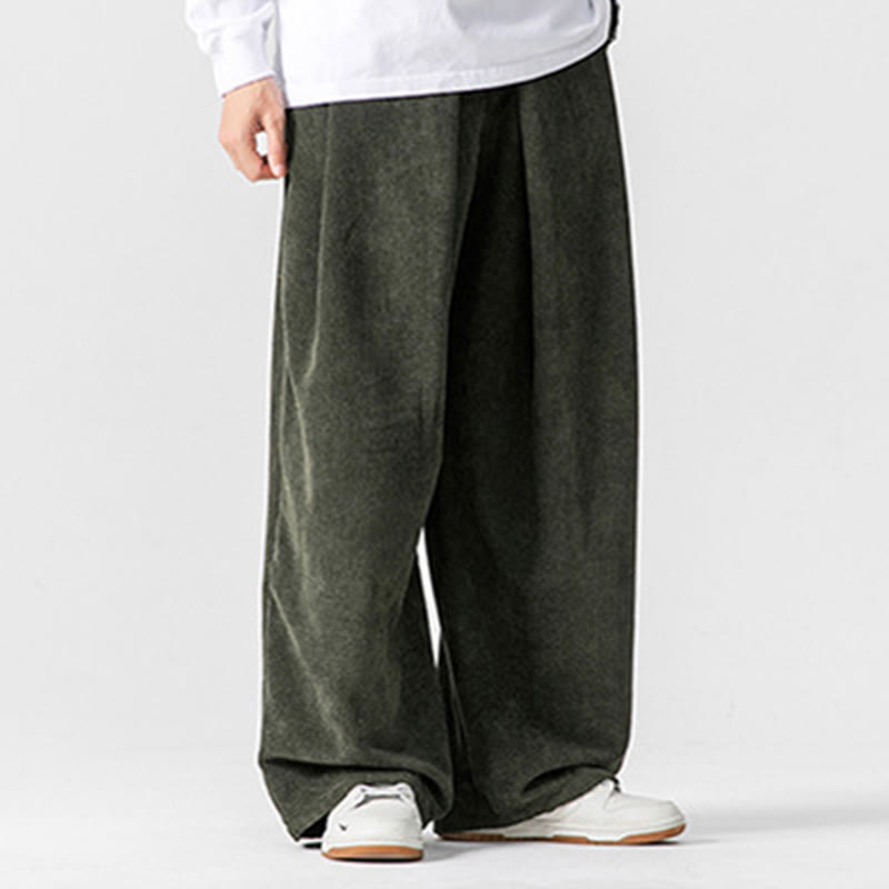 Solid Color Cotton Corduroy Men's Wide Leg Pants With Pockets