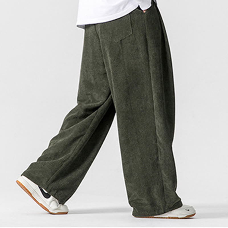 Solid Color Cotton Corduroy Men's Wide Leg Pants With Pockets