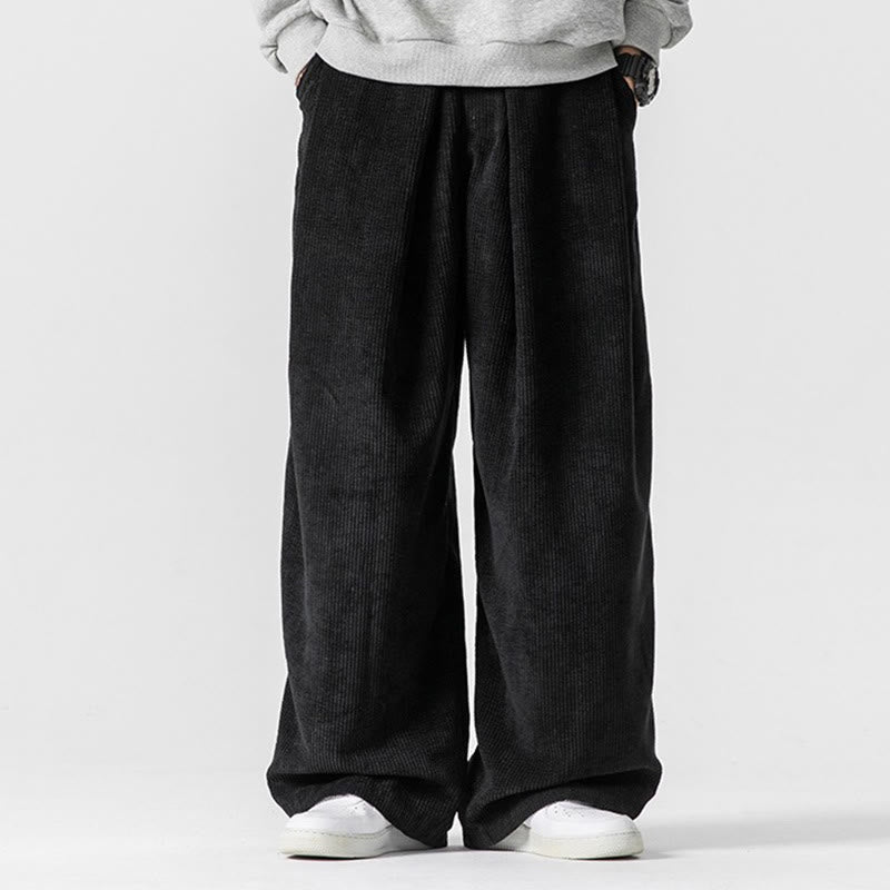 Solid Color Cotton Corduroy Men's Wide Leg Pants With Pockets