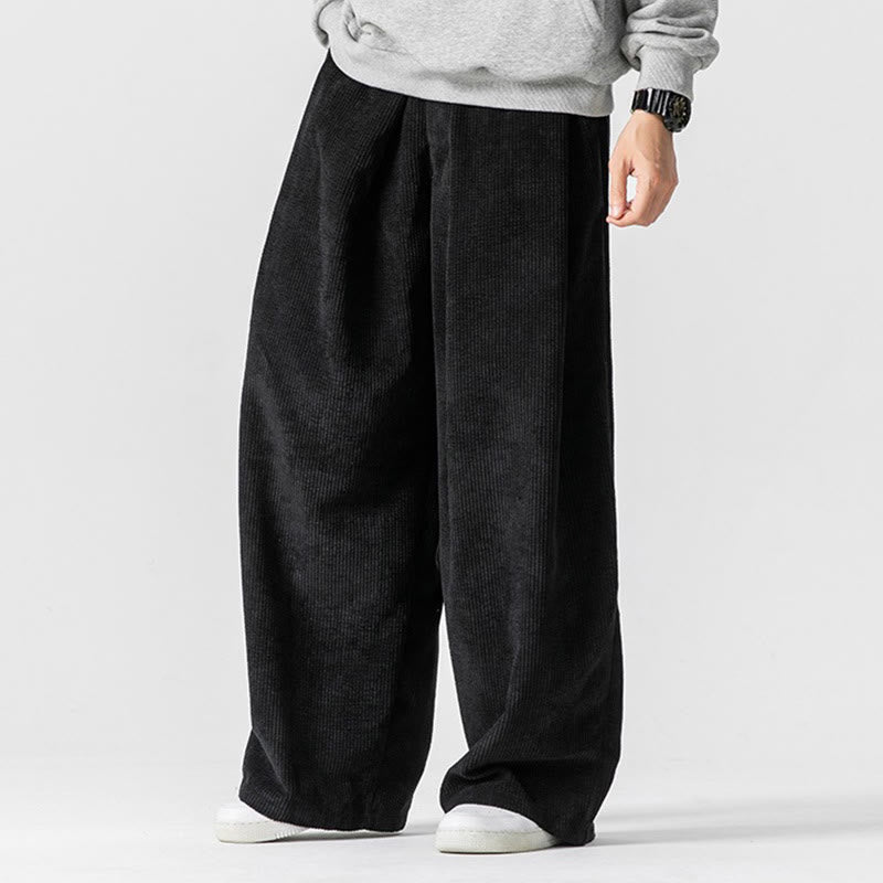 Solid Color Cotton Corduroy Men's Wide Leg Pants With Pockets