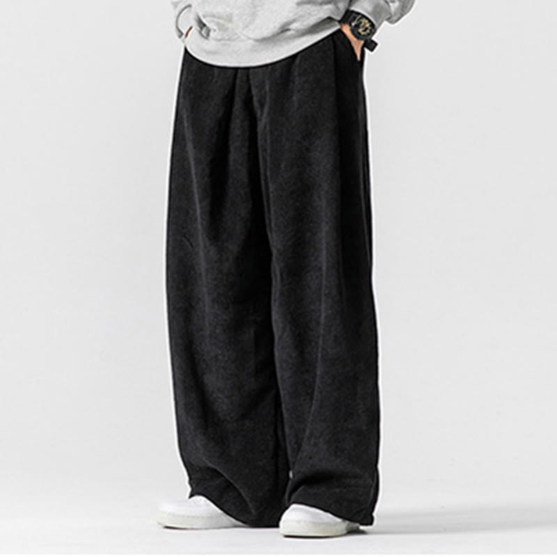 Solid Color Cotton Corduroy Men's Wide Leg Pants With Pockets