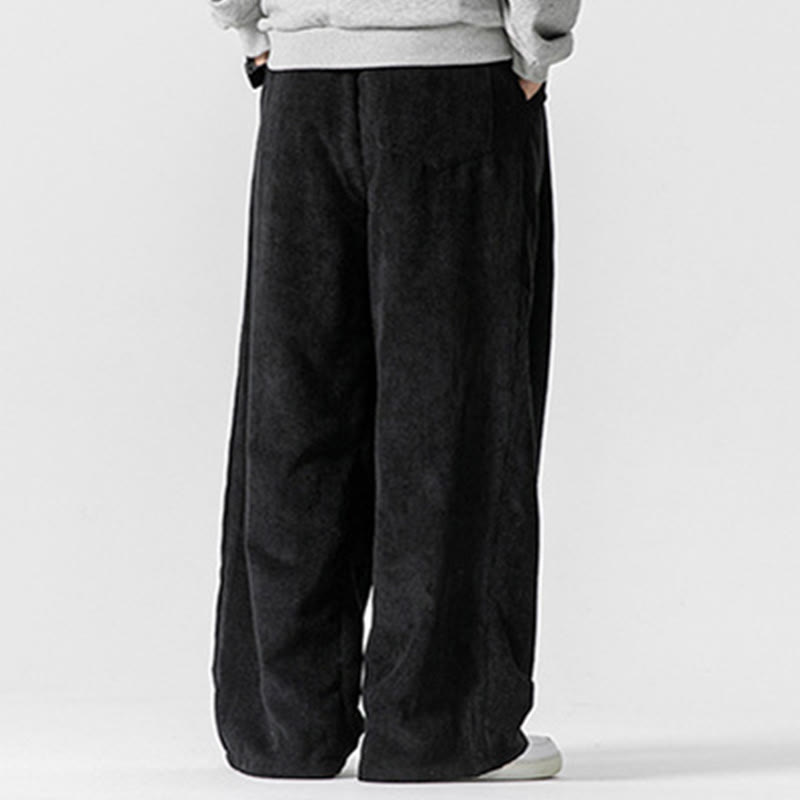 Solid Color Cotton Corduroy Men's Wide Leg Pants With Pockets