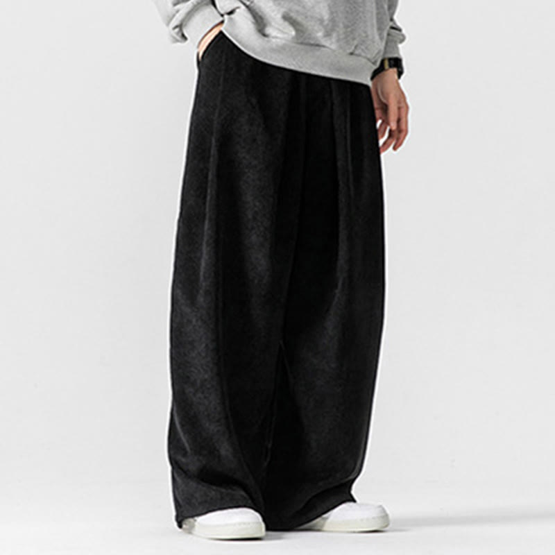 Solid Color Cotton Corduroy Men's Wide Leg Pants With Pockets