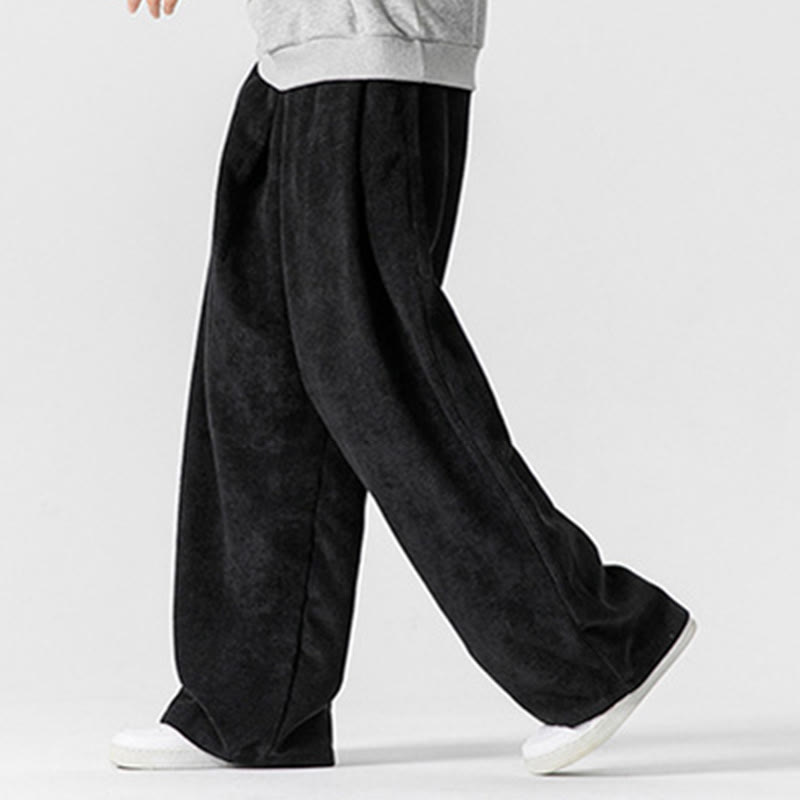Solid Color Cotton Corduroy Men's Wide Leg Pants With Pockets