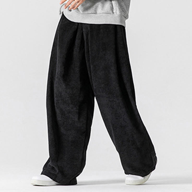 Solid Color Cotton Corduroy Men's Wide Leg Pants With Pockets