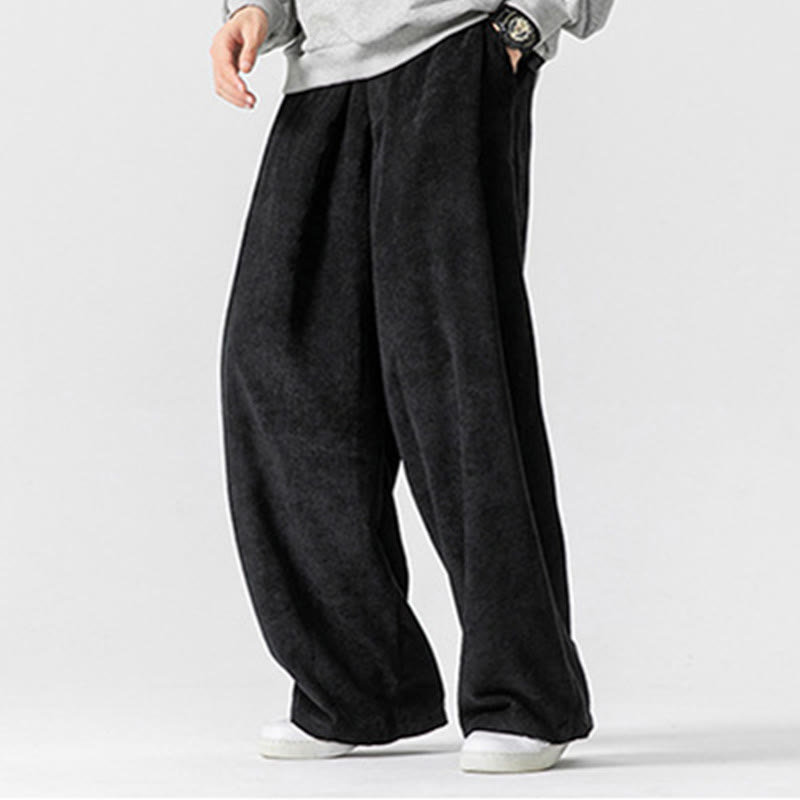 Solid Color Cotton Corduroy Men's Wide Leg Pants With Pockets