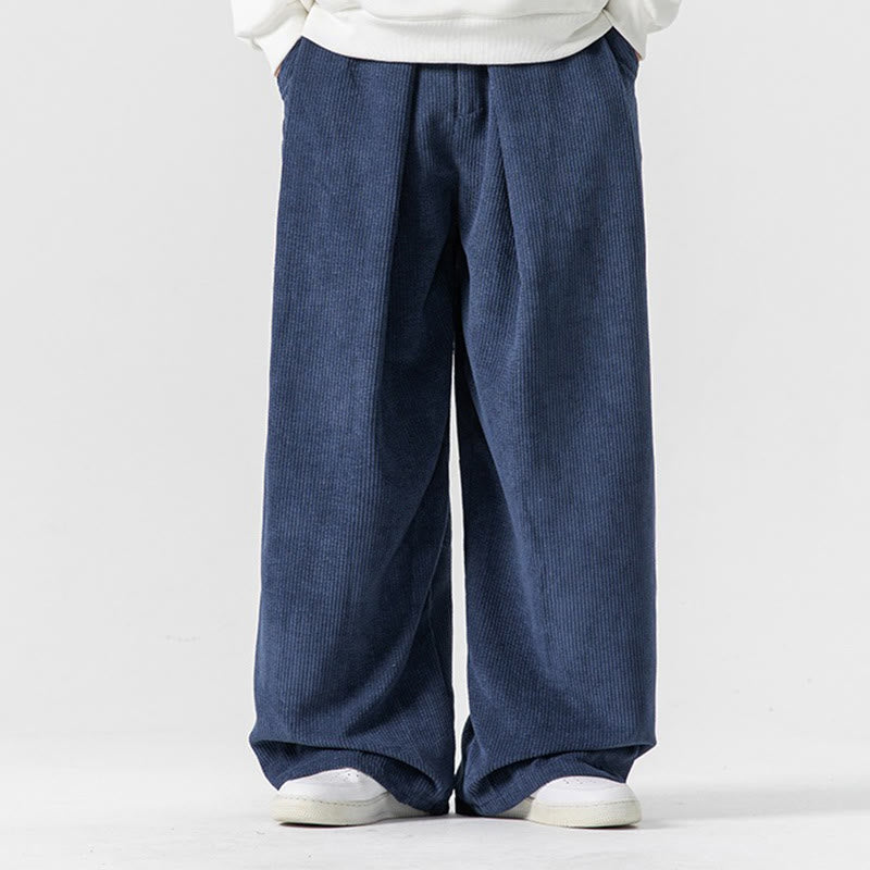 Solid Color Cotton Corduroy Men's Wide Leg Pants With Pockets