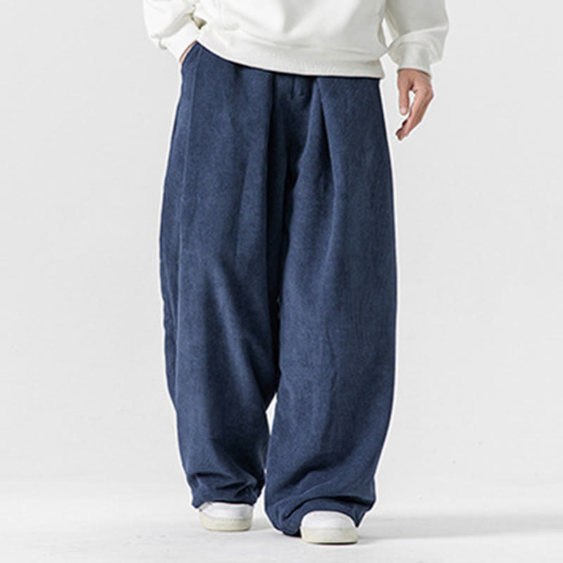 Solid Color Cotton Corduroy Men's Wide Leg Pants With Pockets
