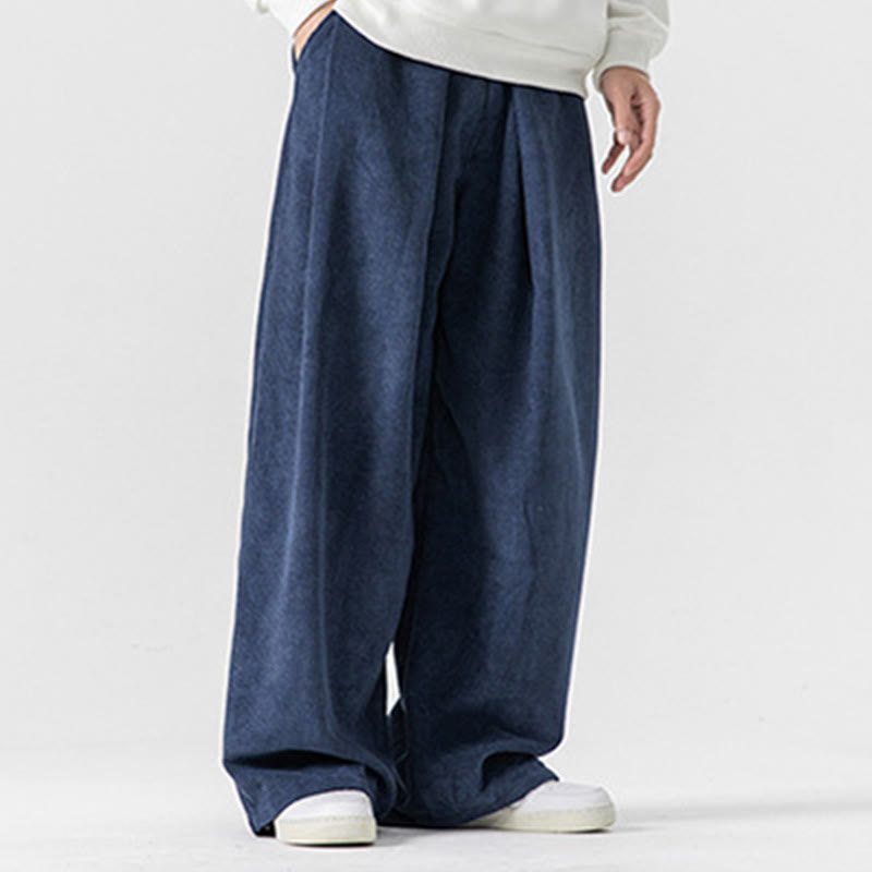 Solid Color Cotton Corduroy Men's Wide Leg Pants With Pockets