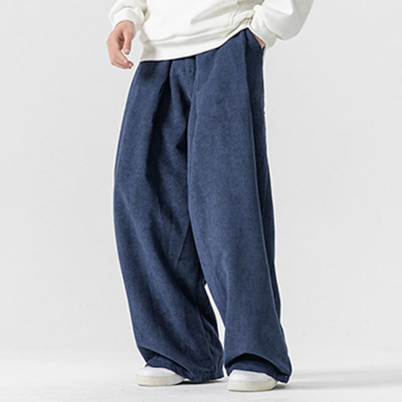 Solid Color Cotton Corduroy Men's Wide Leg Pants With Pockets