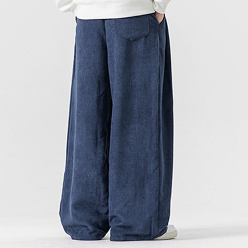 Solid Color Cotton Corduroy Men's Wide Leg Pants With Pockets