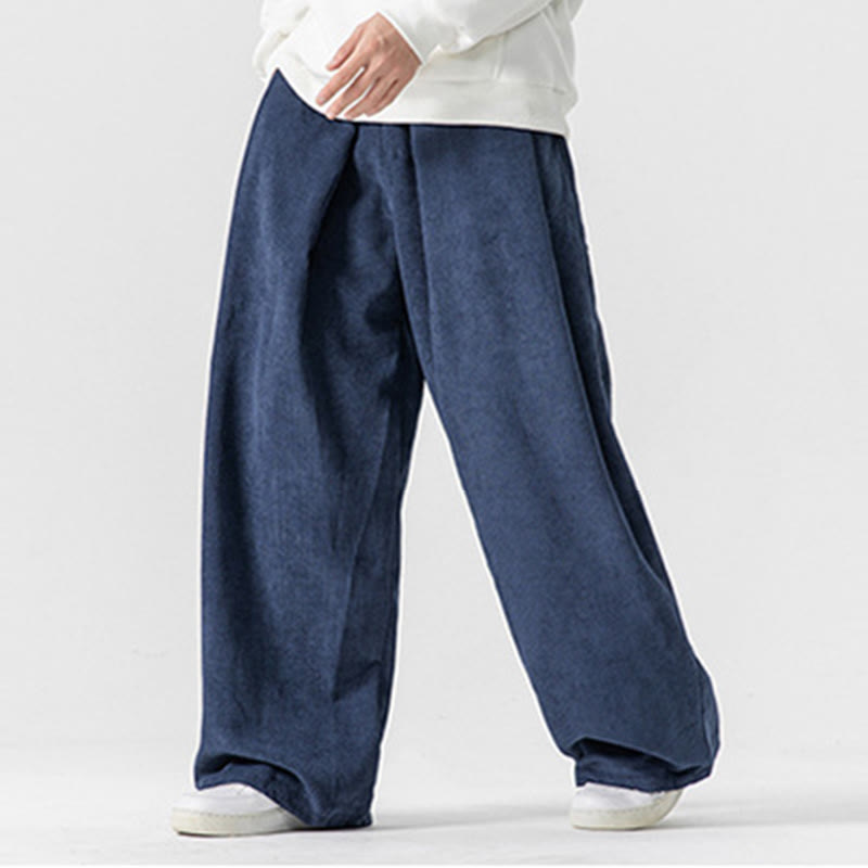 Solid Color Cotton Corduroy Men's Wide Leg Pants With Pockets