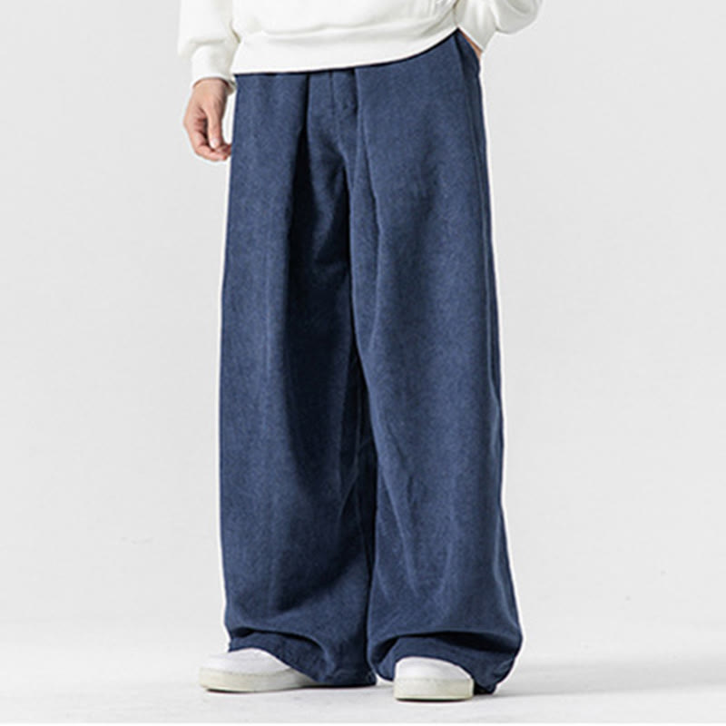 Solid Color Cotton Corduroy Men's Wide Leg Pants With Pockets