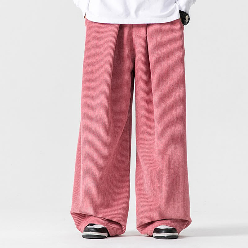 Solid Color Cotton Corduroy Men's Wide Leg Pants With Pockets