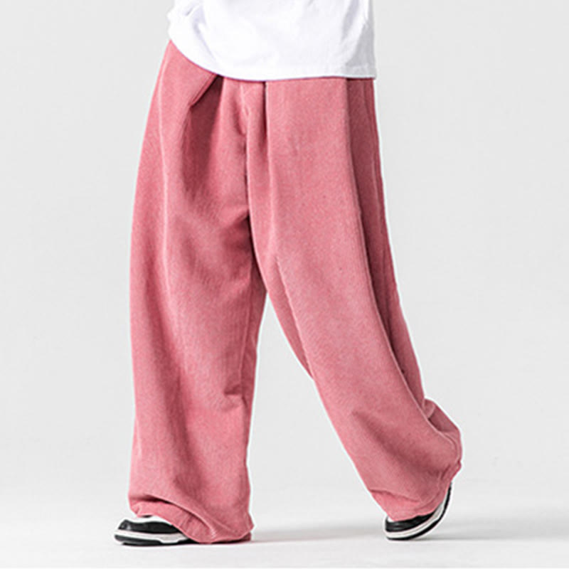 Solid Color Cotton Corduroy Men's Wide Leg Pants With Pockets