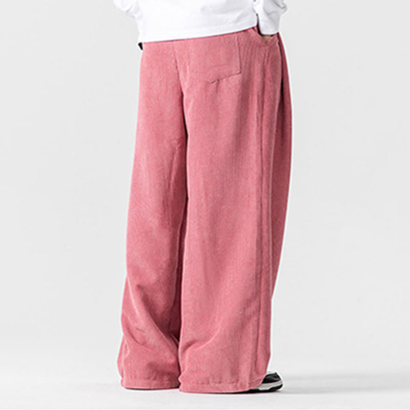 Solid Color Cotton Corduroy Men's Wide Leg Pants With Pockets