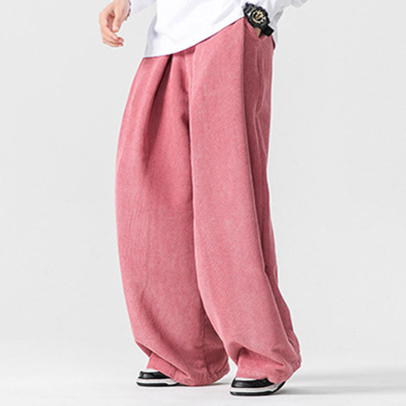 Solid Color Cotton Corduroy Men's Wide Leg Pants With Pockets