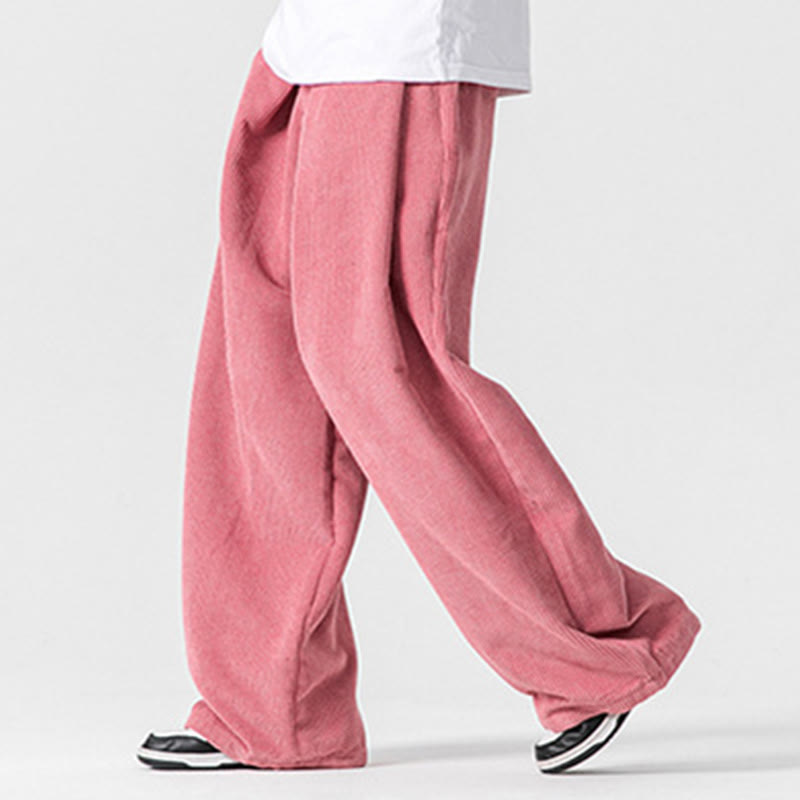 Solid Color Cotton Corduroy Men's Wide Leg Pants With Pockets
