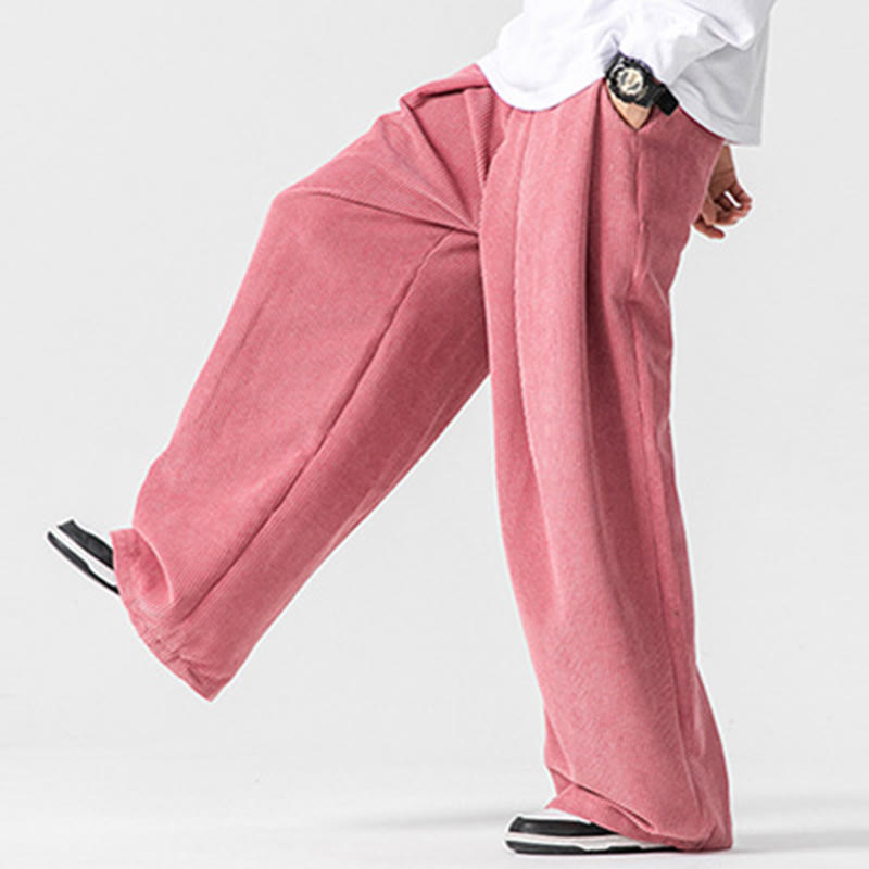 Solid Color Cotton Corduroy Men's Wide Leg Pants With Pockets