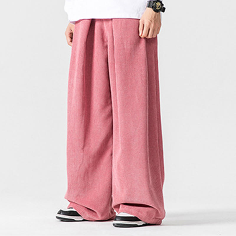 Solid Color Cotton Corduroy Men's Wide Leg Pants With Pockets