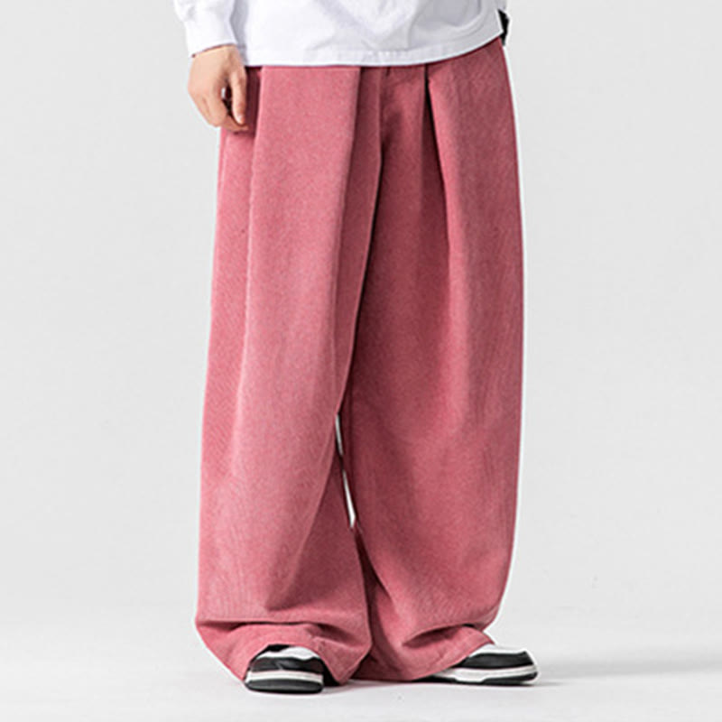 Solid Color Cotton Corduroy Men's Wide Leg Pants With Pockets