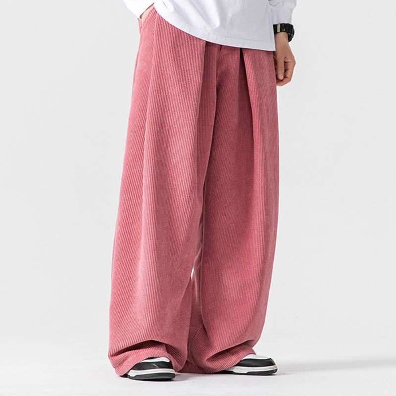 Solid Color Cotton Corduroy Men's Wide Leg Pants With Pockets