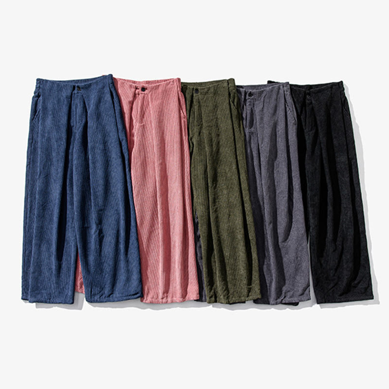 Solid Color Cotton Corduroy Men's Wide Leg Pants With Pockets