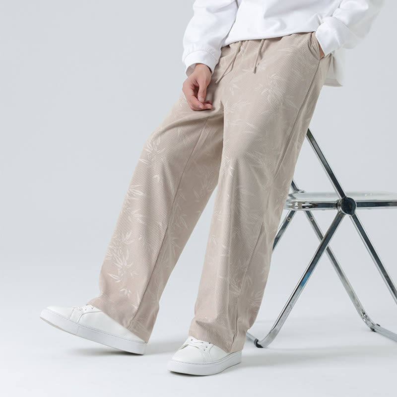 Bamboo Pattern Corduroy Men's Wide Leg Pants With Pockets