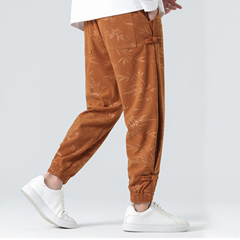 Fall Winter Bamboo Men's Frog-Button Corduroy Pants With Pockets