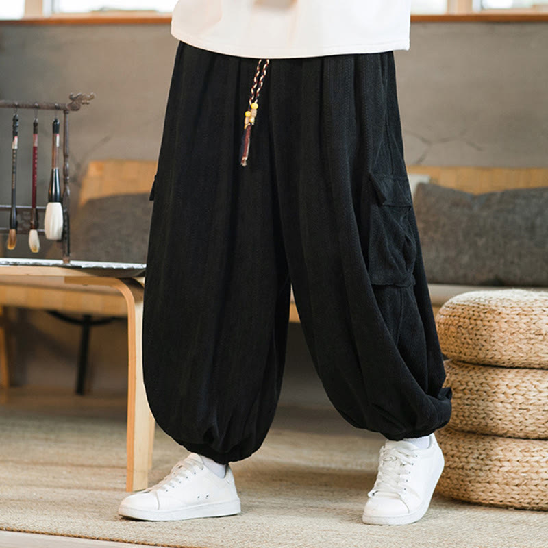 Fall Winter Men's Drawstring Chenille Corduroy Cargo Pants With Pockets
