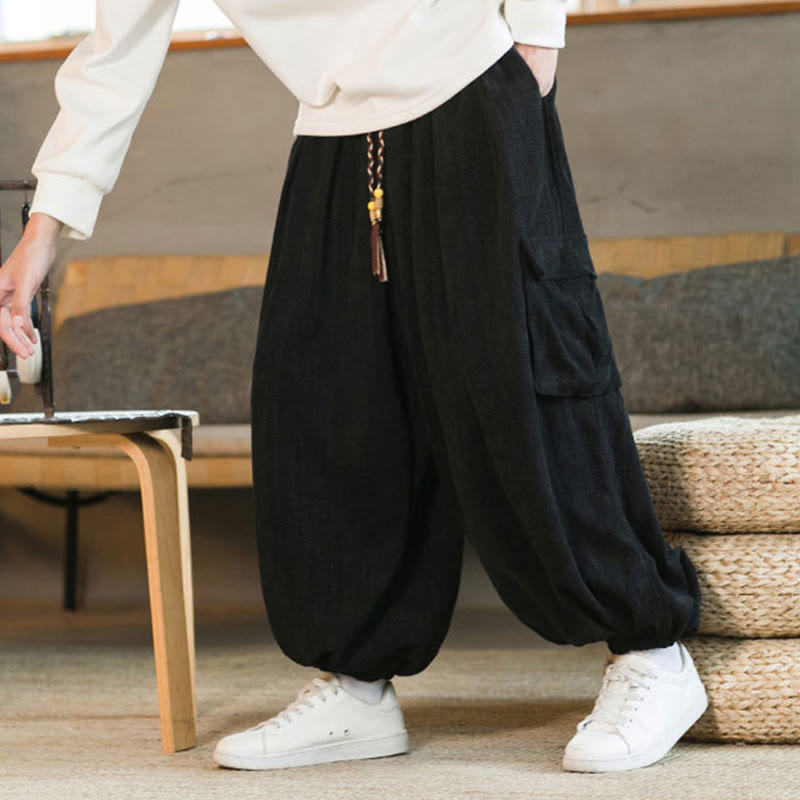 Fall Winter Men's Drawstring Chenille Corduroy Cargo Pants With Pockets
