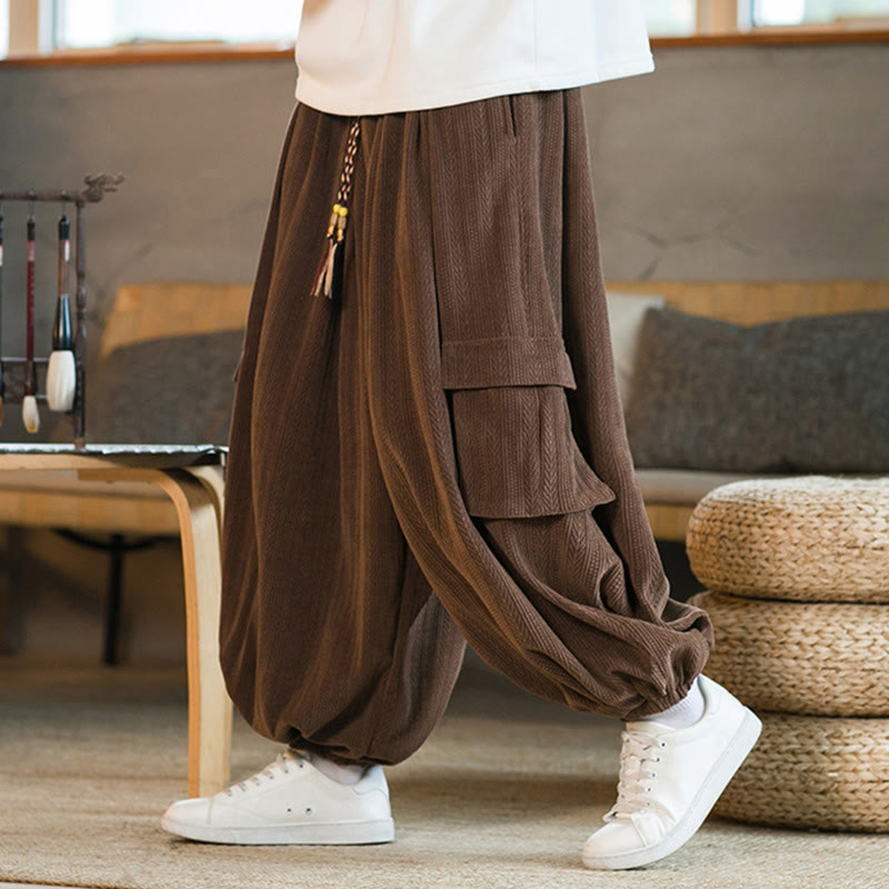 Fall Winter Men's Drawstring Chenille Corduroy Cargo Pants With Pockets