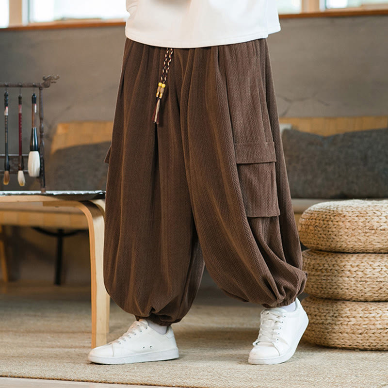 Fall Winter Men's Drawstring Chenille Corduroy Cargo Pants With Pockets