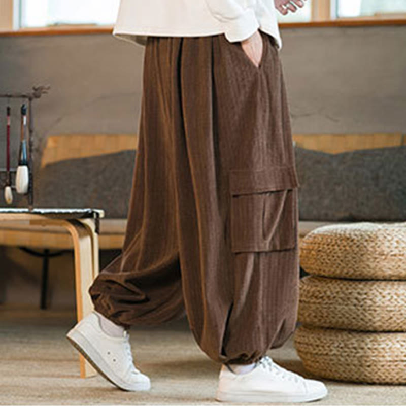 Fall Winter Men's Drawstring Chenille Corduroy Cargo Pants With Pockets