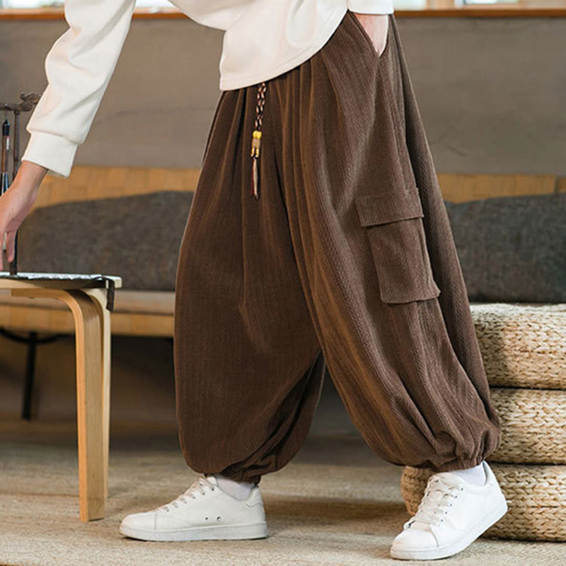 Fall Winter Men's Drawstring Chenille Corduroy Cargo Pants With Pockets