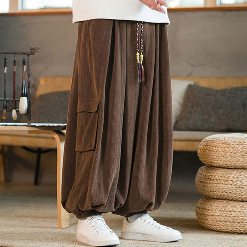 Fall Winter Men's Drawstring Chenille Corduroy Cargo Pants With Pockets