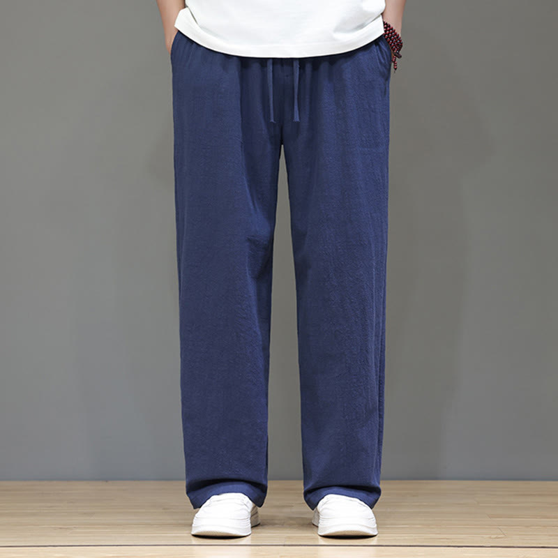 Summer Men's Cotton Linen Straight Leg Pants With Pockets