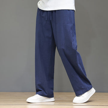 Summer Men's Cotton Linen Straight Leg Pants With Pockets