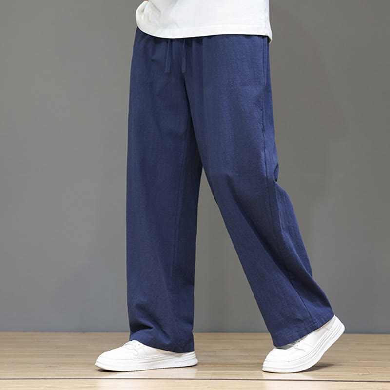 Summer Men's Cotton Linen Straight Leg Pants With Pockets