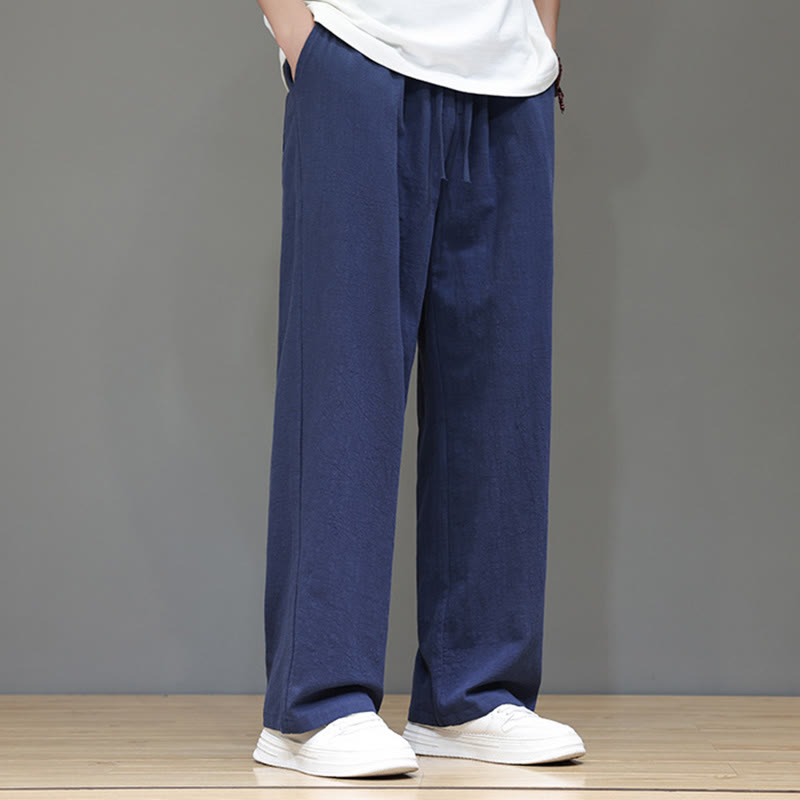 Summer Men's Cotton Linen Straight Leg Pants With Pockets