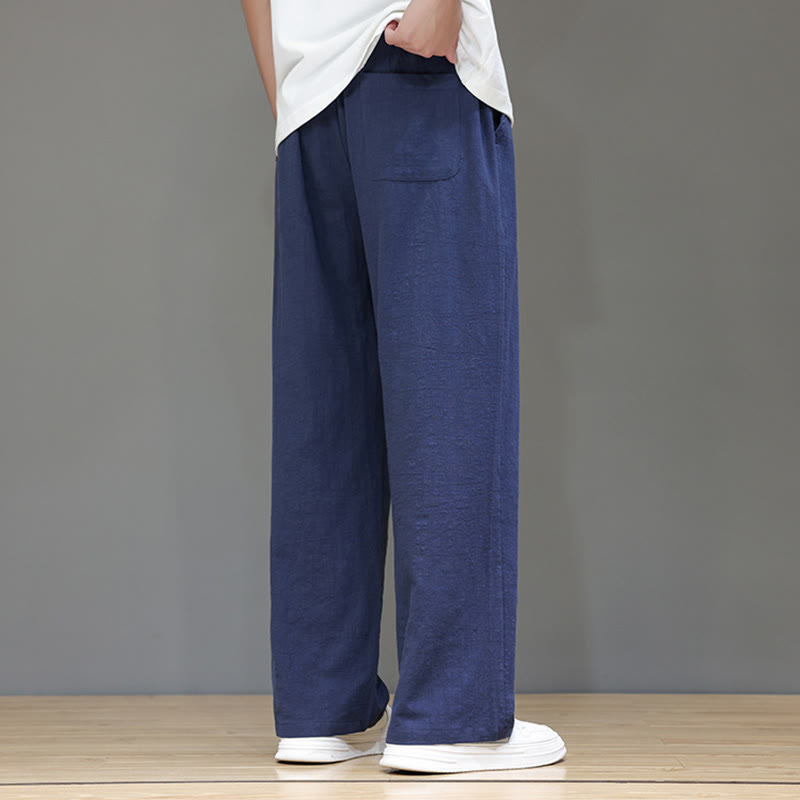 Summer Men's Cotton Linen Straight Leg Pants With Pockets