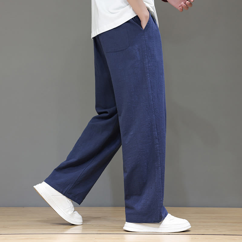 Summer Men's Cotton Linen Straight Leg Pants With Pockets