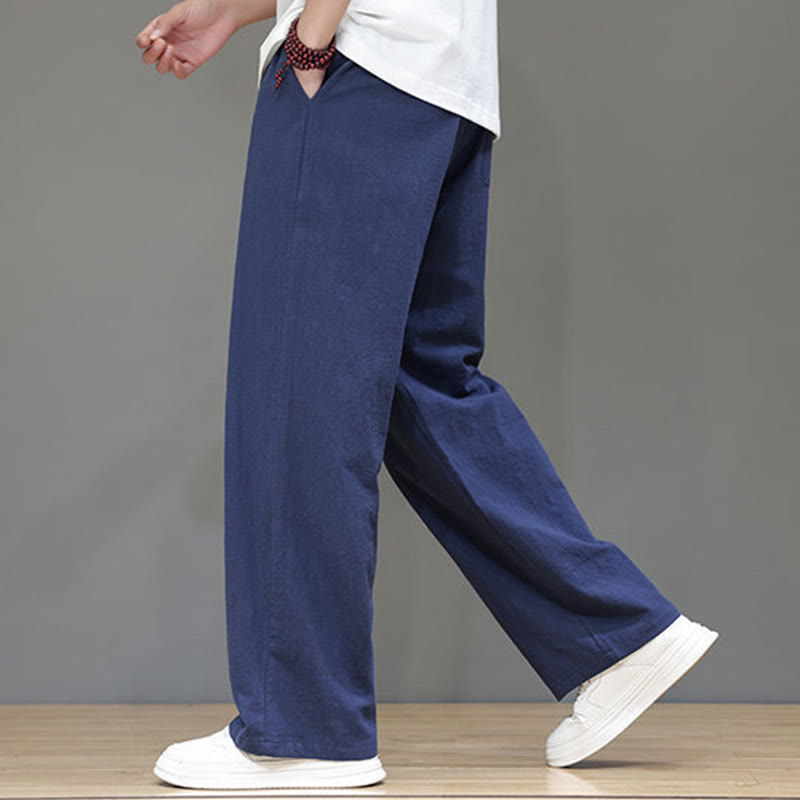 Summer Men's Cotton Linen Straight Leg Pants With Pockets