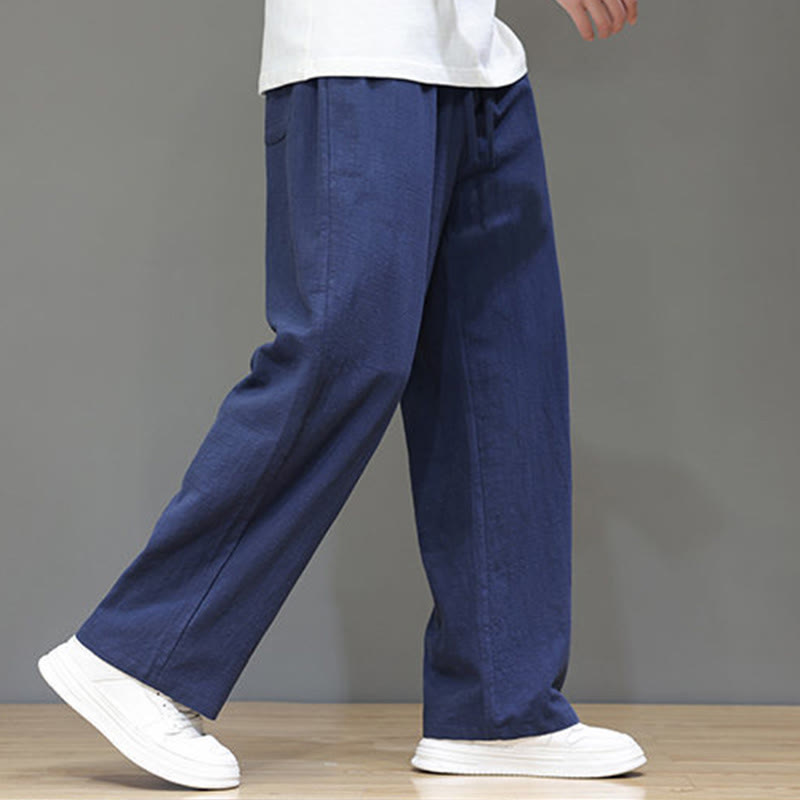 Summer Men's Cotton Linen Straight Leg Pants With Pockets