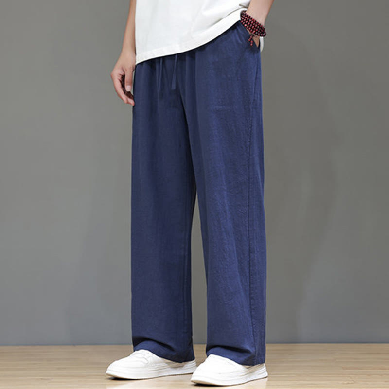 Summer Men's Cotton Linen Straight Leg Pants With Pockets