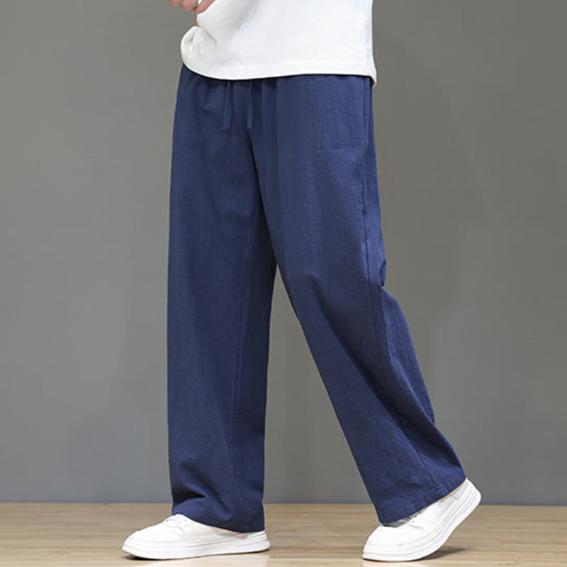 Summer Men's Cotton Linen Straight Leg Pants With Pockets