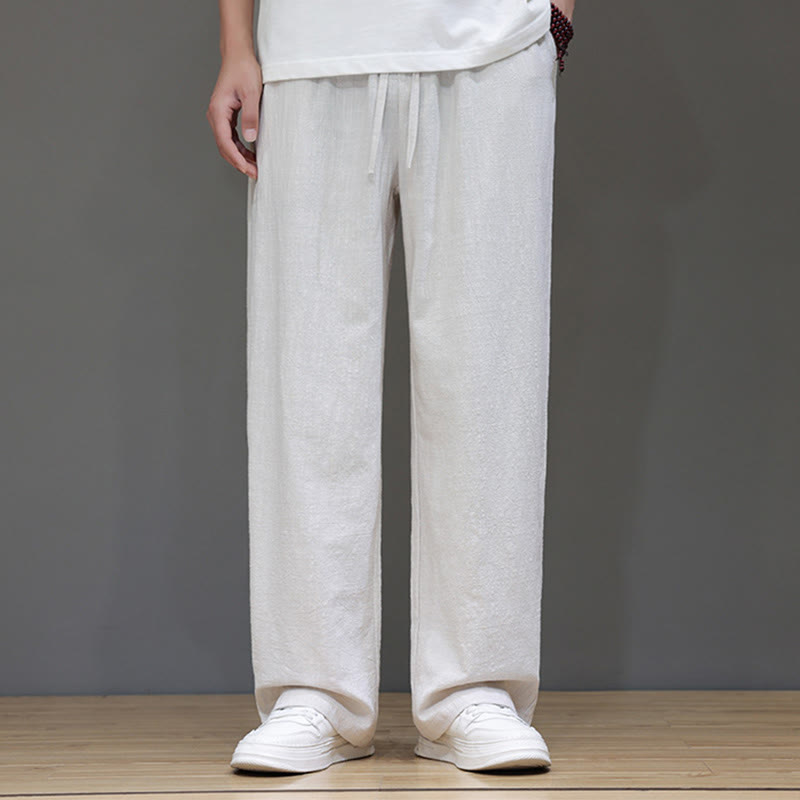 Summer Men's Cotton Linen Straight Leg Pants With Pockets